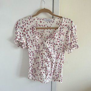 Olivaceous Small Blouse with White, Red & Light Blue Pattern